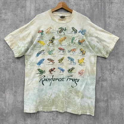 90s USA製 LIQUID BLUE Rainforest Frogs Tシャツ リキッドブルー タイダイ 総柄 アニマル 動物 半袖 カエル 古着 ビンテージ