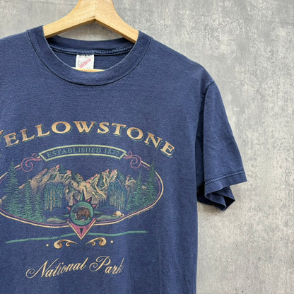 90~00年代 JERZEES ジャージーズ YELLOWSTONE 国立公園 アニマルTシャツ アメリカ製 半袖Tシャツ Mサイズ ネイビー 古着